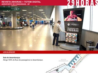 REVISTA 29HORAS + TOTEM DIGITAL 
AEROPORTO DE CONGONHAS - SP 
LOCALIZAÇÃO 
Sala de desembarque. 
Atinge 100% do fluxo de passageiros no desembarque. 
SALA DE 
DESEMBARQUE 
094  