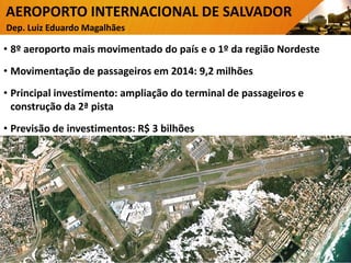 AEROPORTO INTERNACIONAL DE SALVADOR
• 8º aeroporto mais movimentado do país e o 1º da região Nordeste
• Movimentação de passageiros em 2014: 9,2 milhões
• Principal investimento: ampliação do terminal de passageiros e
construção da 2ª pista
• Previsão de investimentos: R$ 3 bilhões
Dep. Luiz Eduardo Magalhães
6
 