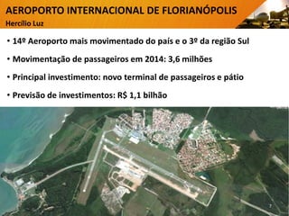 AEROPORTO INTERNACIONAL DE FLORIANÓPOLIS
Hercílio Luz
• 14º Aeroporto mais movimentado do país e o 3º da região Sul
• Movimentação de passageiros em 2014: 3,6 milhões
• Principal investimento: novo terminal de passageiros e pátio
• Previsão de investimentos: R$ 1,1 bilhão
7
 