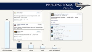 Fluxo de passageiros
Saída
Rio de Janeiro 30%
Santa Catarina 17%
Paraná 17%
Brasília 17%
Rio Grande do Sul 6%
Mato Grosso do Sul 3%
Tocantins 2%
Minas Gerais 2%
Mato Grosso 2%
Bahia 2%
Amapá 2%
Base:192
Com base nos usuários que fizeram check-in em
Congonhas e disponibilizaram dados de
geolocalização e mencionaram seu destino, foi
possível traçar os principais fluxos de saída.
V
 