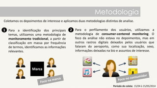Metodologia
Período de coleta: 15/04 à 15/05/2014
Coletamos os depoimentos de interesse e aplicamos duas metodologias distintas de analise.
1 Para a identificação dos principais
temas, utilizamos uma metodologia de
monitoramento tradicional, a partir de
classificação em massa por frequência
de termos, identificamos as informações
relevantes.
2 Para o perfilamento dos usuários, utilizamos a
metodologia de consumer-centered monitoring. O
foco da análise não estava no depoimentos, mas em
outros rastros digitais deixados pelos usuários que
falaram do aeroporto, como sua localização, sexo,
informações deixadas na bio e assuntos de interesse.
Marca
 