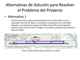 Alternativas de Solución para Resolver
el Problema del Proyecto
• Alternativa 1
– El AICC comenzaría a operar aproximadamente en el año 2021 con una
capacidad inicial de 5,0 Mpax. La ampliación se produciría en el año 2026,
llegando a ser capaces de procesar 6,3 Mpax hasta 2032, otra ampliación
posterior para procesar hasta 7.2 Mpax, y una última ampliación para procesar
hasta 8.4 Mpax.
 