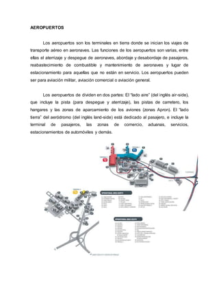 AEROPUERTOS
Los aeropuertos son los terminales en tierra donde se inician los viajes de
transporte aéreo en aeronaves. Las funciones de los aeropuertos son varias, entre
ellas el aterrizaje y despegue de aeronaves, abordaje y desabordaje de pasajeros,
reabastecimiento de combustible y mantenimiento de aeronaves y lugar de
estacionamiento para aquellas que no están en servicio. Los aeropuertos pueden
ser para aviación militar, aviación comercial o aviación general.
Los aeropuertos de dividen en dos partes: El “lado aire” (del inglés air-side),
que incluye la pista (para despegue y aterrizaje), las pistas de carretero, los
hangares y las zonas de aparcamiento de los aviones (zonas Apron). El “lado
tierra” del aeródromo (del inglés land-side) está dedicado al pasajero, e incluye la
terminal de pasajeros, las zonas de comercio, aduanas, servicios,
estacionamientos de automóviles y demás.
 