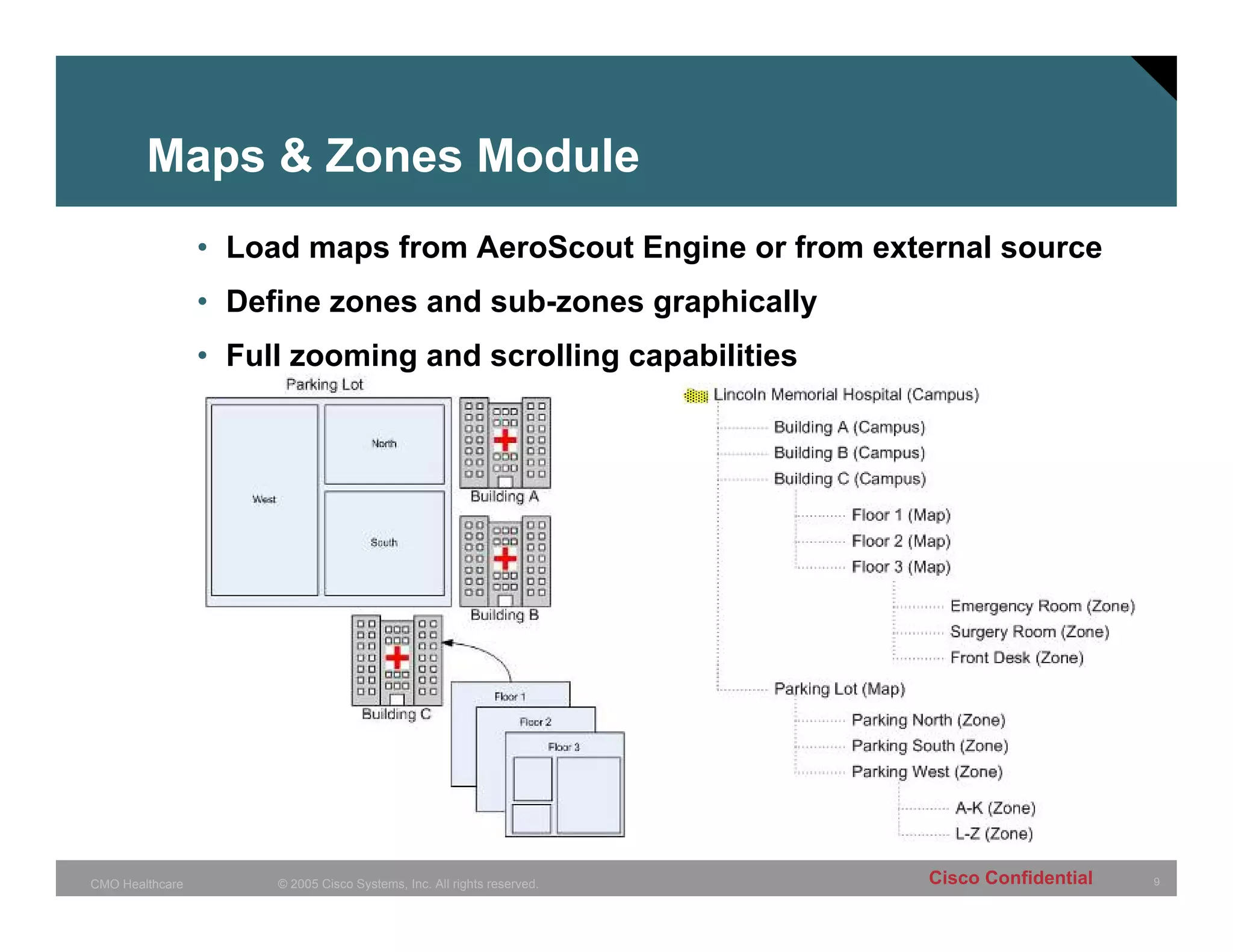Maps & Zones Module
                 • Load maps from AeroScout Engine or from external source
                 • Define zones and sub-zones graphically
                 • Full zooming and scrolling capabilities




CMO Healthcare        © 2005 Cisco Systems, Inc. All rights reserved.   Cisco Confidential   9
 