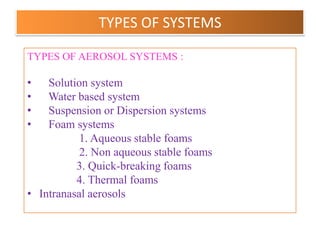 MARKETED PHARMACEUTICAL AEROSOL PRODUCTS

 Metered Dose inhalers :

 BRAND NAME             DRUG                              USE
 Flovent Diskus     Fluticasone                          Asthma
     Advair       Fluticasone and                        Asthma
                     Salmeterol
   Aerobid           Flunisolide                          Asthma
     Qvar         Beclomethasone                          Asthma
   Proventil          Albuterol                        Bronchospasm



                  B.Revathi , MR college of pharmacy                  29
 