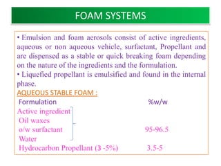 Physical stability of aerosol dispersion can be increased by:

1. Control of moisture content. (< 300 ppm)

2. Reduction of initial particle size to less than 5 µm.

3. Adjustment of density of propellant and suspensoid so
   that they are equalized.

4. Use of dispersing agents.

5. Use of derivatives of active ingredients with minimum
   solubility in propellant system.


                       B.Revathi , MR college of pharmacy       39
 