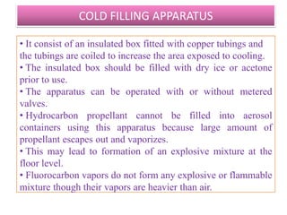 ADVANTAGES OF PRESSURE FILLING:
• Solutions, emulsions, suspensions can be filled by this
method as chilling does not occur.
• Contamination due to moisture is less.
• High production speed can be achieved.
• Loss of propellant is less.

DISADVANTAGES :
• Certain types of metering valves can be handled only by the
cold filling process or through use of an under the cap filler
and valve crimper.
• Process is slower than Cold filling method.


                      B.Revathi , MR college of pharmacy    50
 
