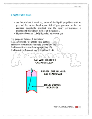 P a g e | 7
ABCP |PHARMA BLASTERSZ...
2 LIQUIFIED GAS
 As the product is used up, some of the liquid propellant turns to
gas and keeps the head space full of gas, pressure in the can
remains essentially constant and the spray performance is
maintained throughout the life of the aerosol.
 Hydrocarbons: as (LPG) liquefied petroleum gas
(eg. propane, butane, & isobutane)
Halocarbons: (CFC) chloro fluro carbon
Trichloro-monofluoro-methane (propellant 11)
Dichloro-difluoro-methane (propellant 12)
Dichloro-tetrafluoro-ethane (propellant 114)
 