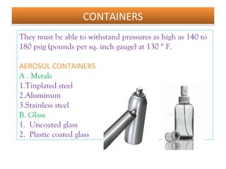 CONTAINERS
CONTAINERS
They must be able to withstand pressures as high as 140 to
180 psig (pounds per sq. inch gauge) at 130 ° F.
AEROSOL CONTAINERS
A . Metals
1.Tinplated steel
2.Aluminum
3.Stainless steel
B. Glass
1. Uncoated glass
2. Plastic coated glass
 