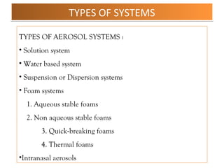 TYPES OF SYSTEMS
TYPES OF SYSTEMS
TYPES OF AEROSOL SYSTEMS :
• Solution system
• Water based system
• Suspension or Dispersion systems
• Foam systems
1. Aqueous stable foams
2. Non aqueous stable foams
3. Quick-breaking foams
4. Thermal foams
•Intranasal aerosols
 