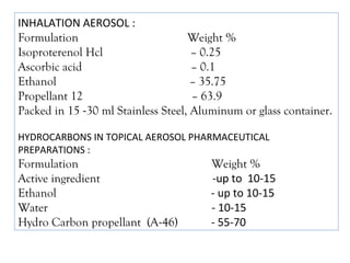 INHALATION AEROSOL :
Formulation Weight %
Isoproterenol Hcl – 0.25
Ascorbic acid – 0.1
Ethanol – 35.75
Propellant 12 – 63.9
Packed in 15 -30 ml Stainless Steel, Aluminum or glass container.
HYDROCARBONS IN TOPICAL AEROSOL PHARMACEUTICAL
PREPARATIONS :
Formulation Weight %
Active ingredient -up to 10-15
Ethanol - up to 10-15
Water - 10-15
Hydro Carbon propellant (A-46) - 55-70
 