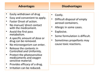 Advantages
Advantages
• Easily withdrawn of drug
• Easy and convenient to apply.
• Faster Onset of action.
• No manual/ direct contact
with the medicament.
• Avoid the first pass
metabolism.
• A specific amount of dose or
drug can be removed.
• No microorganism can enter.
• Release the contents in
Controlled and Uniformly.
• Protect the photosensitive
medicaments and oxygen
sensitive material.
• Provides efficacy of a drug.
• Irritation can be reduced.
Disadvantages
Disadvantages
• Costly.
• Difficult disposal of empty
aerosol containers.
• Allergic in some cases.
• Explosive.
• Some formulation is difficult.
• Sometimes propellants may
cause toxic reactions.
 