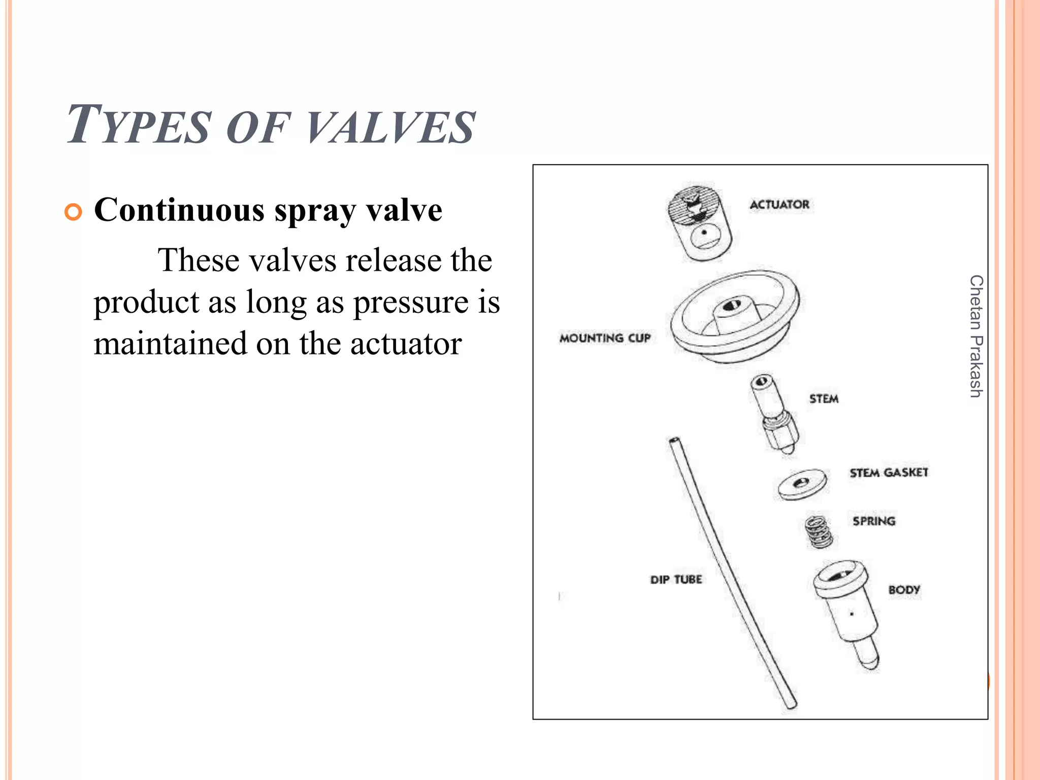 TYPES OF VALVES
 Continuous spray valve
These valves release the
product as long as pressure is
maintained on the actuator
ChetanPrakash
 