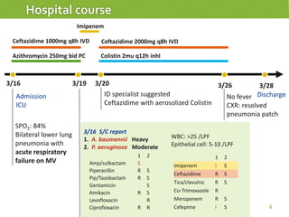 Hospital course
4
3/16
Ceftazidime 1000mg q8h IVD
Azithromycin 250mg bid PC
Imipenem
3/28
DischargeAdmission
ICU
SPO2: 84%
Bilateral lower lung
pneumonia with
acute respiratory
failure on MV
3/20
Colistin 2mu q12h inhl
Ceftazidime 2000mg q8h IVD
ID specialist suggested
Ceftazidime with aerosolized Colistin
3/19
3/16 S/C report
1. A. baumannii Heavy
2. P. aeruginosa Moderate
WBC: >25 /LPF
Epithelial cell: 5-10 /LPF
1 2
Amp/sulbactam S
Piperacillin R S
Pip/Tazobactam R S
Gentamicin S
Amikacin R S
Levofloxacin R
Ciprofloxacin R R
1 2
Imipenem I S
Ceftazidime R S
Tica/clavulnic R S
Co-Trimoxazole R
Meropenem R S
Cefepime I S
3/26
No fever
CXR: resolved
pneumonia patch
 