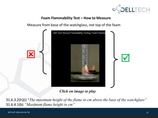 dell tech laboratories ltd. 17
Foam Flammability Test – How to Measure
31.6.3.2(h)(i) “The maximum height of the flame in cm above the base of the watchglass”
31.6.4.1(b) “Maximum flame height in cm”

Click on image to play
Measure from base of the watchglass, not top of the foam
 