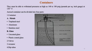 Containers
They must be able to withstand pressures as high as 140 to 180 psig (pounds per sq. inch gauge) at
130 ° F.
Aerosol container can be divided into four parts:
1.Container
A . Metals
▪ Tinplated steel
▪ Aluminum
▪ Stainless steel
B. Glass
▪ Uncoated glass
▪ Plastic coated glass
2.Valves
3.Actuator
4.Dip tubes
16
 