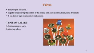 Valves
• Easy to open and close .
• Capable of delivering the content in the desired form such as spray, foam, solid stream etc.
• It can deliver a given amount of medicament .
TYPES OF VALVES :
1.Continuous spray valve
2.Metering valves.
21
 