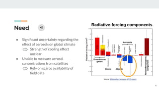 Need
● Signiﬁcant uncertainty regarding the
effect of aerosols on global climate
○ Strength of cooling effect
unclear
● Unable to measure aerosol
concentrations from satellites
○ Rely on scarce availability of
ﬁeld data
Source: Wikimedia Commons, IPCC report
4
 