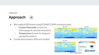 Approach
● We model N100 levels using ECMWF CAMS reanalysis data:
○ Carbon Monoxide (tracer for
anthropogenic aerosol emissions)
○ Temperature (tracer for biogenic
aerosol formation)
● Create and compare different models
6
Source: copernicus.eu
 
