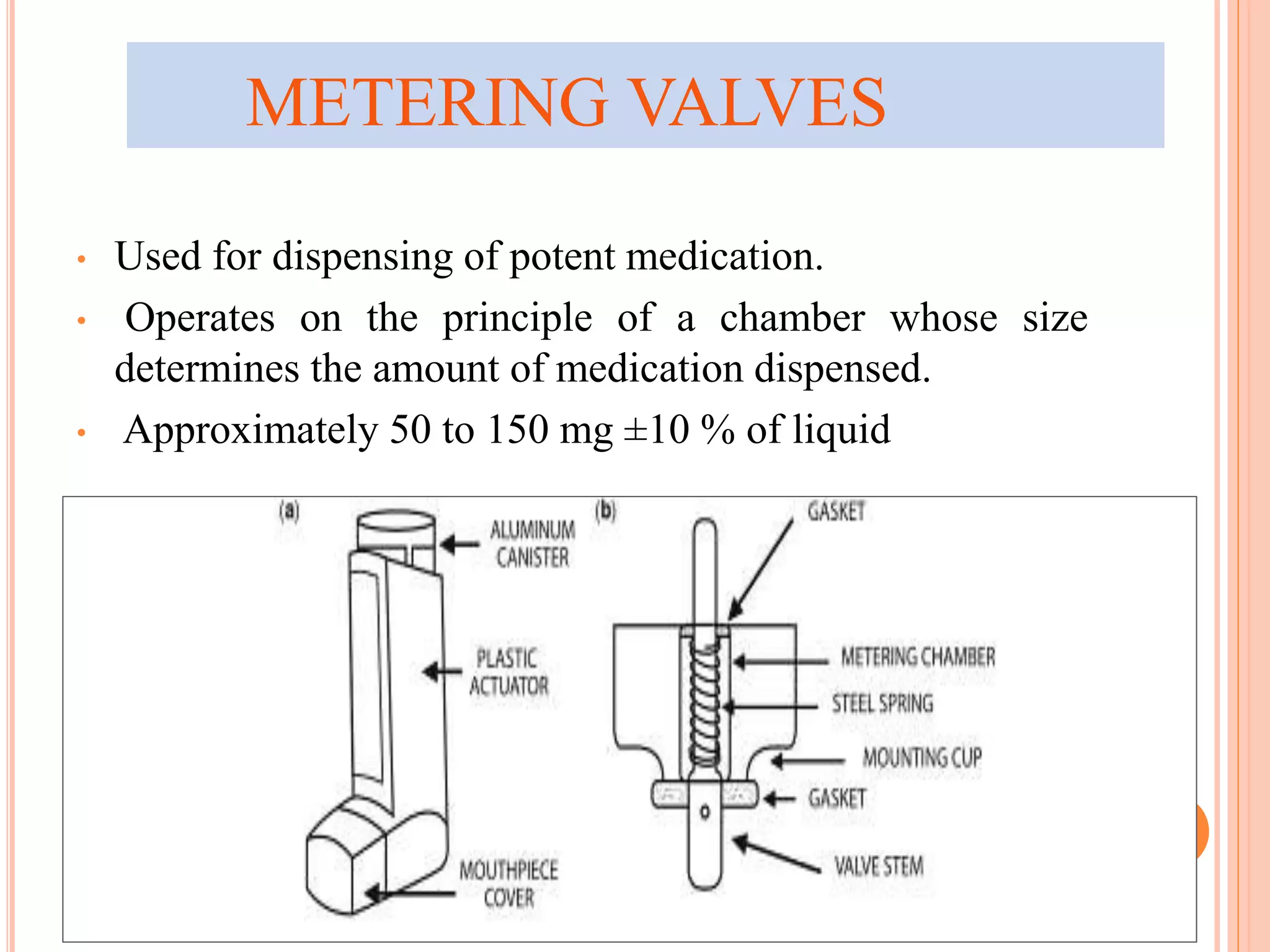METERING VALVES 
• Used for dispensing of potent medication. 
• Operates on the principle of a chamber whose size 
determines the amount of medication dispensed. 
• Approximately 50 to 150 mg ±10 % of liquid 
19 
 