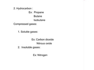 Rectangle 8




2. Hydrocarbon :
            Ex: Propane
                 Butane
                 Isobutane
Compressed gases:

   1. Soluble gases:


               Ex: Carbon dioxide
                   Nitrous oxide
   2. Insoluble gases:


               Ex: Nitrogen
 