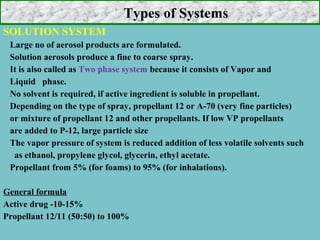 Types of Systems
SOLUTION SYSTEM
Large no of aerosol products are formulated.
Solution aerosols produce a fine to coarse spray.
It is also called as Two phase system because it consists of Vapor and
Liquid phase.
No solvent is required, if active ingredient is soluble in propellant.
Depending on the type of spray, propellant 12 or A-70 (very fine particles)
or mixture of propellant 12 and other propellants. If low VP propellants
are added to P-12, large particle size
The vapor pressure of system is reduced addition of less volatile solvents such
as ethanol, propylene glycol, glycerin, ethyl acetate.
Propellant from 5% (for foams) to 95% (for inhalations).
General formula
Active drug -10-15%
Propellant 12/11 (50:50) to 100%

 