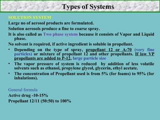 Types of Systems
SOLUTION SYSTEM
Large no of aerosol products are formulated.
Solution aerosols produce a fine to coarse spray.
It is also called as Two phase system because it consists of Vapor and Liquid
phase.
No solvent is required, if active ingredient is soluble in propellant.
• Depending on the type of spray, propellant 12 or A-70 (very fine
particles) or mixture of propellant 12 and other propellants. If low VP
propellants are added to P-12, large particle size
• The vapor pressure of system is reduced by addition of less volatile
solvents such as ethanol, propylene glycol, glycerin, ethyl acetate.
• The concentration of Propellant used is from 5% (for foams) to 95% (for
inhalations).
General formula
Active drug -10-15%
Propellant 12/11 (50:50) to 100%

 