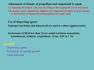 Adjustment of density of propellant and suspensoid to equal
by adjusting the density , the rate of settling of the suspensoid can be decreased
The density can be adjusted by addition of a compound of higher or lower density
so that density of suspensoid and propellant are made equal

Use of dispersing agents
Isopropyl myristate and mineral oil are used to reduce agglomeration.
Surfactants of HLB less than 10 are useful (sorbitan monooleate,
monolaurate, trioleate, sesquioleate. (Conc. 0.01 to 1 %)
oleic acid
Dispersing agent
Prevention of particle growth
Valve lubricant

 