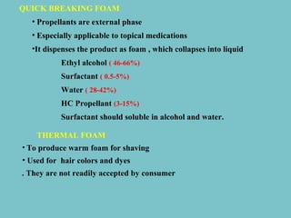 QUICK BREAKING FOAM
• Propellants are external phase
• Especially applicable to topical medications
•It dispenses the product as foam , which collapses into liquid
Ethyl alcohol ( 46-66%)
Surfactant ( 0.5-5%)
Water ( 28-42%)
HC Propellant (3-15%)
Surfactant should soluble in alcohol and water.
THERMAL FOAM
• To produce warm foam for shaving

• Used for hair colors and dyes
. They are not readily accepted by consumer

 