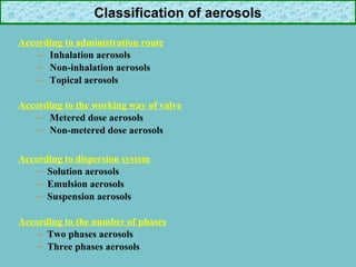Classification of aerosols
According to administration route
– Inhalation aerosols
– Non-inhalation aerosols
– Topical aerosols
According to the working way of valve
– Metered dose aerosols
– Non-metered dose aerosols
According to dispersion system
– Solution aerosols
– Emulsion aerosols
– Suspension aerosols
According to the number of phases
– Two phases aerosols
– Three phases aerosols

 