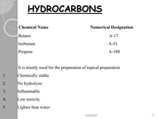 HYDROCARBONS
Chemical Name Numerical Designation
Butane A-17
Isobutane A-31
Propane A-108
It is mainly used for the preparation of topical preparation
1. Chemically stable
2. No hydrolysis
3. Inflammable
4. Low toxicity
5. Lighter than water
8/22/2020 11
 