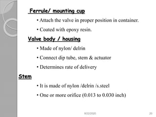 Ferrule/ mounting cup
• Attach the valve in proper position in container.
• Coated with epoxy resin.
Valve body / housing
• Made of nylon/ delrin
• Connect dip tube, stem & actuator
• Determines rate of delivery
Stem
• It is made of nylon /delrin /s.steel
• One or more orifice (0.013 to 0.030 inch)
8/22/2020 20
 