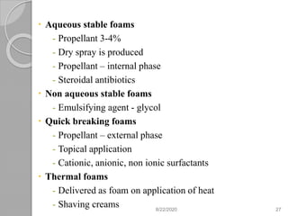  Aqueous stable foams
- Propellant 3-4%
- Dry spray is produced
- Propellant – internal phase
- Steroidal antibiotics
 Non aqueous stable foams
- Emulsifying agent - glycol
 Quick breaking foams
- Propellant – external phase
- Topical application
- Cationic, anionic, non ionic surfactants
 Thermal foams
- Delivered as foam on application of heat
- Shaving creams 8/22/2020 27
 