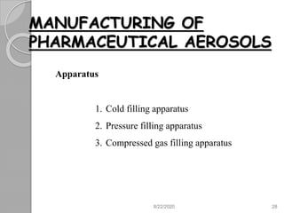 MANUFACTURING OF
PHARMACEUTICAL AEROSOLS
Apparatus
1. Cold filling apparatus
2. Pressure filling apparatus
3. Compressed gas filling apparatus
8/22/2020 28
 