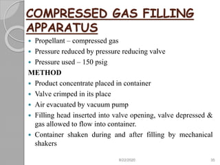 COMPRESSED GAS FILLING
APPARATUS
 Propellant – compressed gas
 Pressure reduced by pressure reducing valve
 Pressure used – 150 psig
METHOD
 Product concentrate placed in container
 Valve crimped in its place
 Air evacuated by vacuum pump
 Filling head inserted into valve opening, valve depressed &
gas allowed to flow into container.
 Container shaken during and after filling by mechanical
shakers
8/22/2020 35
 
