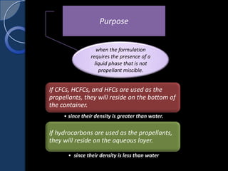Purpose
when the formulation
requires the presence of a
liquid phase that is not
propellant miscible.
If CFCs, HCFCs, and HFCs are used as the
propellants, they will reside on the bottom of
the container.
• since their density is greater than water.
If hydrocarbons are used as the propellants,
they will reside on the aqueous layer.
• since their density is less than water
 