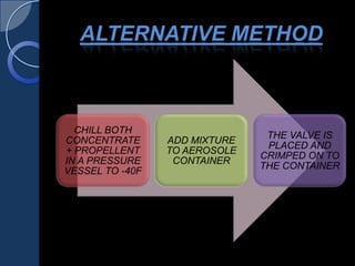 ALTERNATIVE METHOD
CHILL BOTH
CONCENTRATE
+ PROPELLENT
IN A PRESSURE
VESSEL TO -40F
ADD MIXTURE
TO AEROSOLE
CONTAINER
THE VALVE IS
PLACED AND
CRIMPED ON TO
THE CONTAINER
 