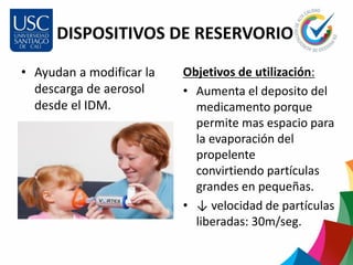 DISPOSITIVOS DE RESERVORIO
• Ayudan a modificar la
descarga de aerosol
desde el IDM.
Objetivos de utilización:
• Aumenta el deposito del
medicamento porque
permite mas espacio para
la evaporación del
propelente
convirtiendo partículas
grandes en pequeñas.
• ↓ velocidad de partículas
liberadas: 30m/seg.
 