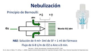 Barrueto, L. (2014). Aerosolterapia. Contribuciones de DICYT, (136).
Ari, A., Hess, D., Myers, T. R., & Rau, J. L. (2009). A guide to aerosol delivery devices for respiratory therapists. Dallas, Texas: American Association for Respiratory Care.
Principio de Bernoulli:
Nebulización
NBZ: Solución de 4 ml= 3ml de SF + 1 ml de Fármaco
Flujo de 6-8 L/m de O2 o Aire x 8 min.
 