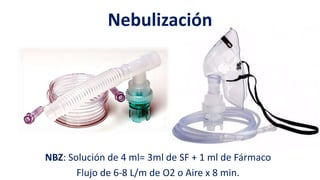 Nebulización
NBZ: Solución de 4 ml= 3ml de SF + 1 ml de Fármaco
Flujo de 6-8 L/m de O2 o Aire x 8 min.
 
