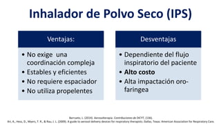 Inhalador de Polvo Seco (IPS)
Ventajas:
• No exige una
coordinación compleja
• Estables y eficientes
• No requiere espaciador
• No utiliza propelentes
Desventajas
• Dependiente del flujo
inspiratorio del paciente
• Alto costo
• Alta impactación oro-
faringea
Barrueto, L. (2014). Aerosolterapia. Contribuciones de DICYT, (136).
Ari, A., Hess, D., Myers, T. R., & Rau, J. L. (2009). A guide to aerosol delivery devices for respiratory therapists. Dallas, Texas: American Association for Respiratory Care.
 
