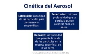 Cinética del Aerosol
Estabilidad: capacidad
de las partículas para
permanecer
suspendidas.
Penetración: máxima
profundidad que la
partícula puede
alcanzar en la vía
aérea.
Depósito: inestabilidad
que permite la caída
de las partículas en la
mucosa superficial de
la vía aérea.
Barrueto, L. (2014). Aerosolterapia. Contribuciones de DICYT, (136).
 