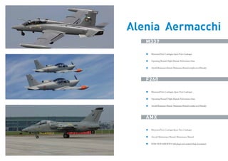 Alenia Aermacchi
M339
Illustrated Parts Catalogue: Spare Parts Catalogue
Operating Manual: Flight Manual, Performance Data

EROSPAZIALE

Aircraft Maintenance Manual : Maintenance Manual (complete set of Manuals)

IFESA

F260
Illustrated Parts Catalogue: Spare Parts Catalogue
Operating Manual: Flight Manual, Performance Data

AUTOMOTIVE
Aircraft Maintenance Manual : Maintenance Manual (complete set of Manuals)

AMX
Illustrated Parts Catalogue:Spare Parts Catalogue
Aircraft Maintenance Manual :Maintenance Manual
IETM / IETP: AMX IETP-P with plug-in web oriented (Alenia Aeronautica)

TRASPORTI

 