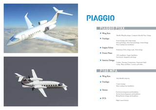PIAGGIO
PIAGGIO P1XX
& DIFESA

Wing Box:
Metallic Wing Box design , Composite Movable Parts Design

Fuselage:
Front Fuselage and Cockpit design
Floor grid design , Door Surround design , Frame Design
Nose Landing Gear installation

Engine Pylon:
Preliminary Pylon design study , Pylon design

Power Plant:
APU installation , Engine Installation
Fuel System integration and design

Interior Design:
Cockpit , Passenger Compartment , Ergonomic Study
Lining , Water and Waste , Lavatory and Galley

P180 MPA
Wing Box:
New Metallic wing box

Fuselage:
Center Fuselage
Main Landing Gear Installation

Sistem:
Fuel System Integration and Installation
Avionic System Integration and Installation
Wiring Harness Design and Installation

FCS:
Flight Control System

 
