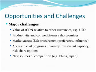Opportunities and Challenges Major challenges  Value of $CDN relative to other currencies, esp. USD Productivity and competitiveness shortcomings Market access (US; procurement preference/influence) Access to civil programs driven by investment capacity; risk-share options New sources of competition (e.g. China, Japan) 