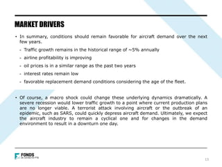 • In summary, conditions should remain favorable for aircraft demand over the next
few years.
- Traffic growth remains in the historical range of ~5% annually
- airline profitability is improving
- oil prices is in a similar range as the past two years
- interest rates remain low
- favorable replacement demand conditions considering the age of the fleet.
• Of course, a macro shock could change these underlying dynamics dramatically. A
severe recession would lower traffic growth to a point where current production plans
are no longer viable. A terrorist attack involving aircraft or the outbreak of an
epidemic, such as SARS, could quickly depress aircraft demand. Ultimately, we expect
the aircraft industry to remain a cyclical one and for changes in the demand
environment to result in a downturn one day.
MARKET DRIVERS
13
 