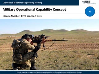 Aerospace & Defense Engineering Training
https://www.tonex.com/systems-engineering-training/aerospace-defense-training/
Military Operational Capability Concept 33
Course Number: 4999 Length: 5 Days
 