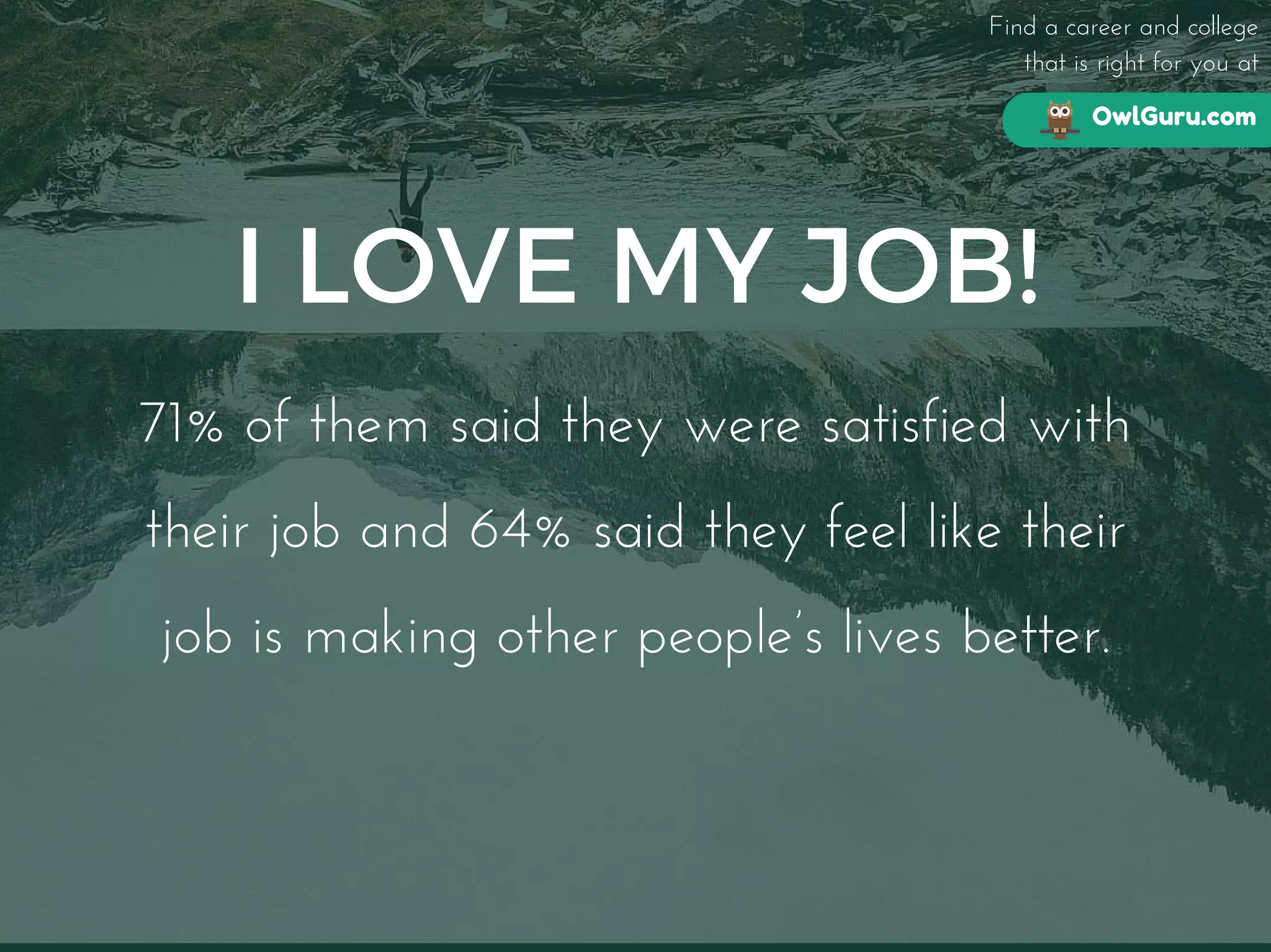 OwlGuru.com
Find a career and college
that is right for you at
I LOVE MY JOB!
71% of them said they were satisfied with
their job and 64% said they feel like their
job is making other people’s lives better.
 