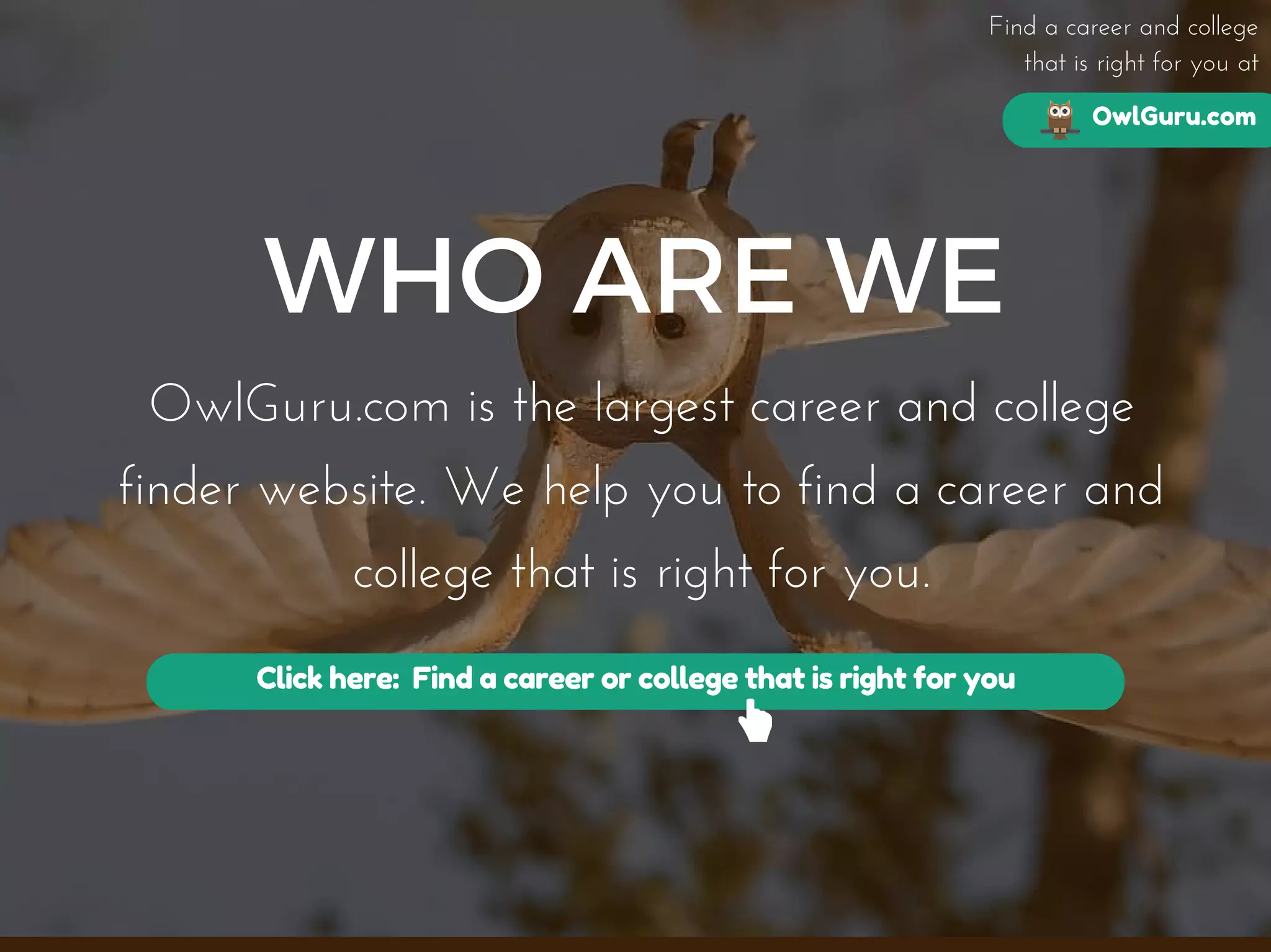 Click here: Find a career or college that is right for you
OwlGuru.com
Find a career and college
that is right for you at
WHO ARE WE
OwlGuru.com is the largest career and college
finder website. We help you to find a career and
college that is right for you.
 