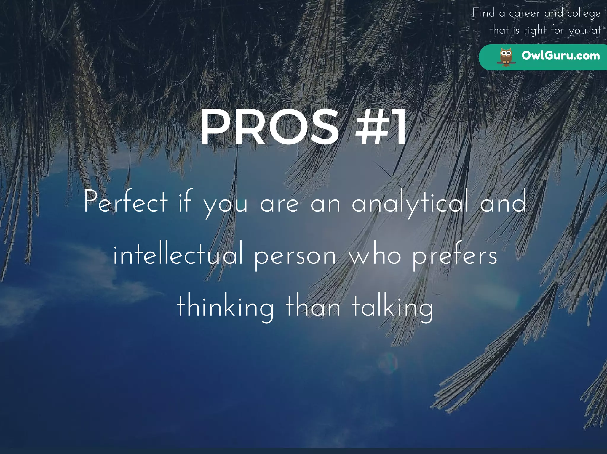 OwlGuru.com
Find a career and college
that is right for you at
PROS #1
Perfect if you are an analytical and
intellectual person who prefers
thinking than talking
 